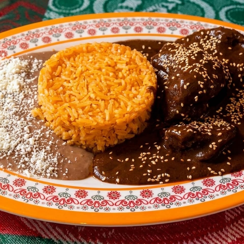 A plate of chicken mole with rice and refried beans, garnished with sesame seeds and cheese.