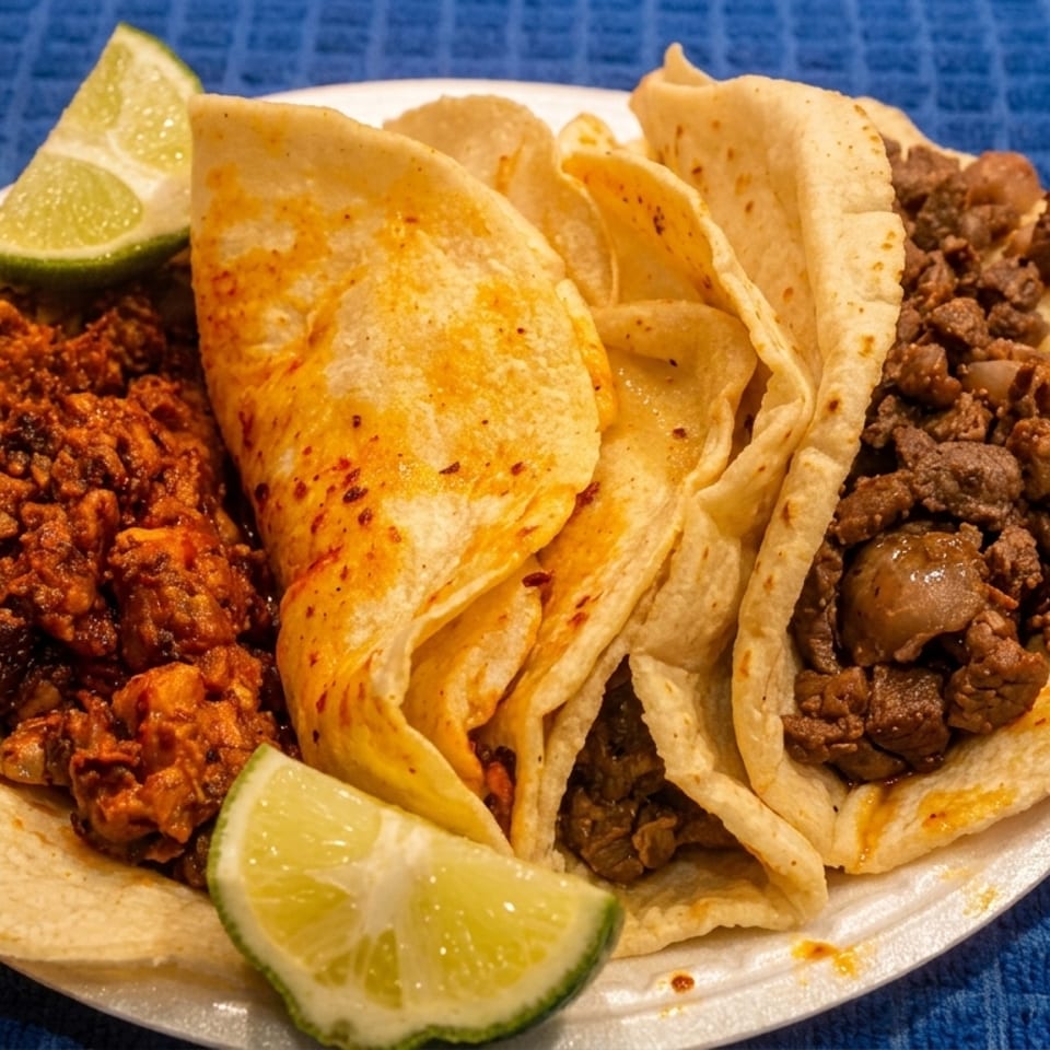 A plate of three tacos, two with dark meat and one with red spiced meat, garnished with lime wedges.