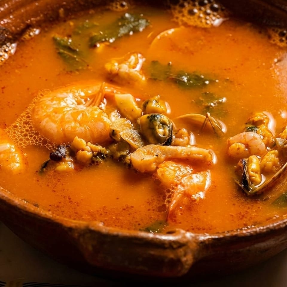 Close-up of a rustic bowl filled with vibrant orange seafood soup, featuring shrimp, mussels, and clams.